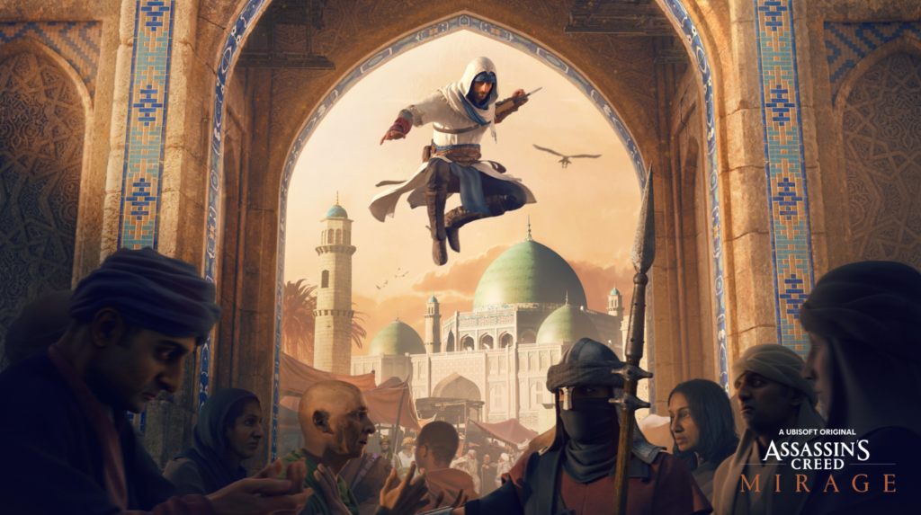 Assassin’s Creed Mirage: arte conceptual con un asesino saltando sobre una multitud en Bagdad