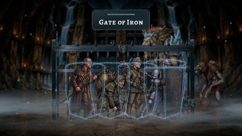 Os quatro heróis de VEKARRA se protegem com escudos diante do portão de ferro do Gatewarden