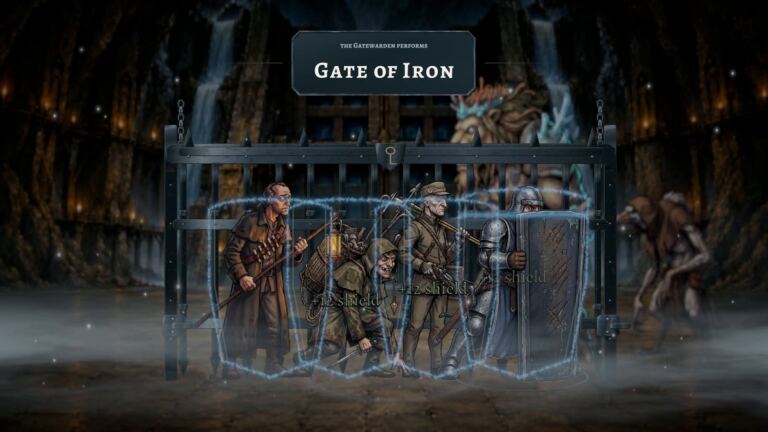 Os quatro heróis de VEKARRA se protegem com escudos diante do portão de ferro do Gatewarden