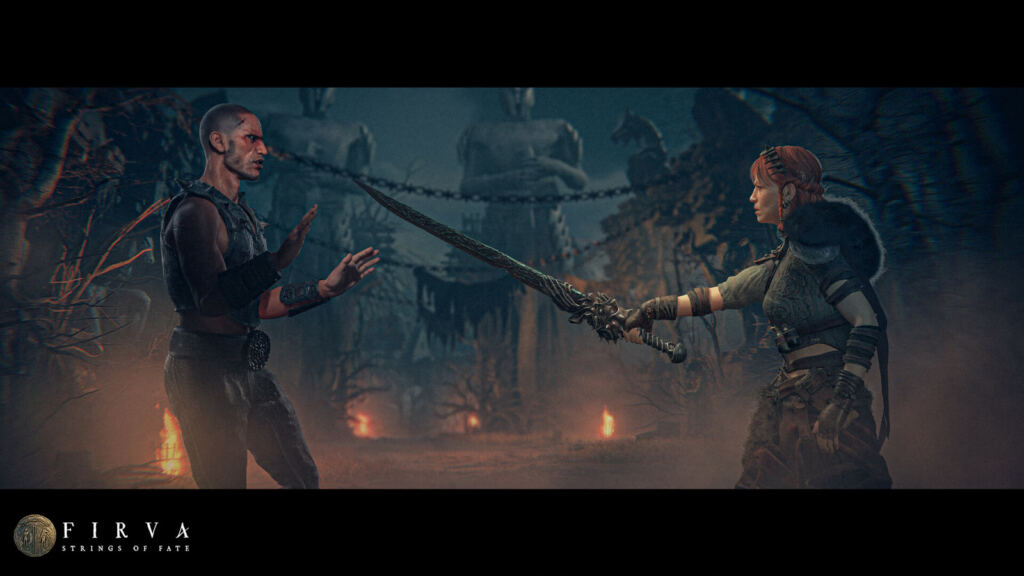 Firva aponta a espada para um homem em cena de Firva: Strings of Fate