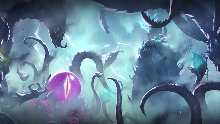 Tentáculos e um olho gigante na arte da expansão Reinado dos Deuses Antigos de Hearthstone