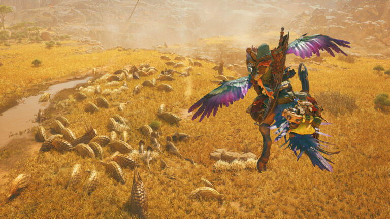 Caçador montado sobrevoa as planícies em Monster Hunter Wilds