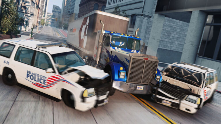 Viaturas de polícia batidas contra um caminhão em BeamNG.drive